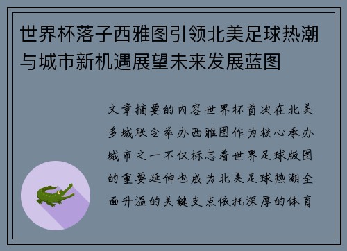 世界杯落子西雅图引领北美足球热潮与城市新机遇展望未来发展蓝图